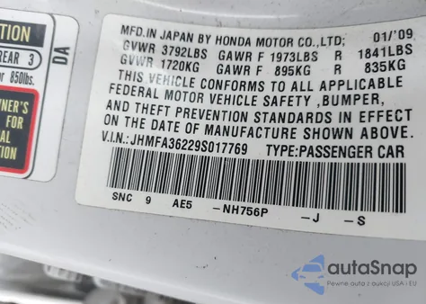 2009 Honda Civic Hybrid z USA, uszkodzony, nr VIN JHMFA36229S017769